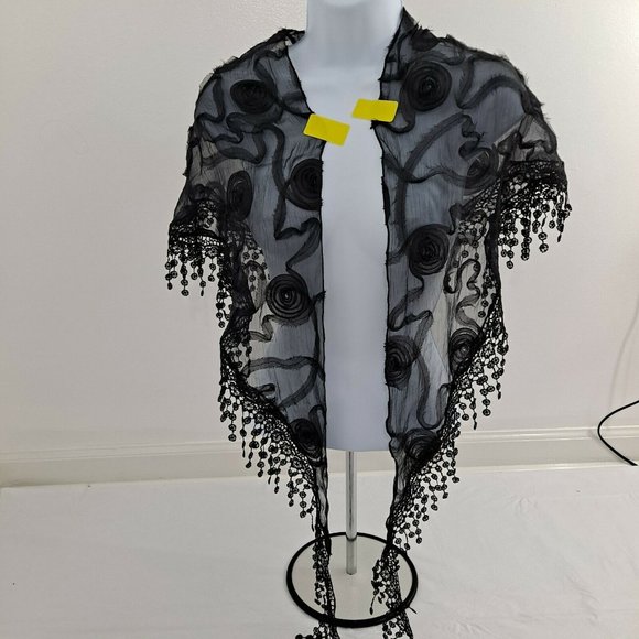 Shawl Sheer Tassel Black Swirl Ribbon Shoulder Cover Triangle 18x74 - Picture 7 of 7